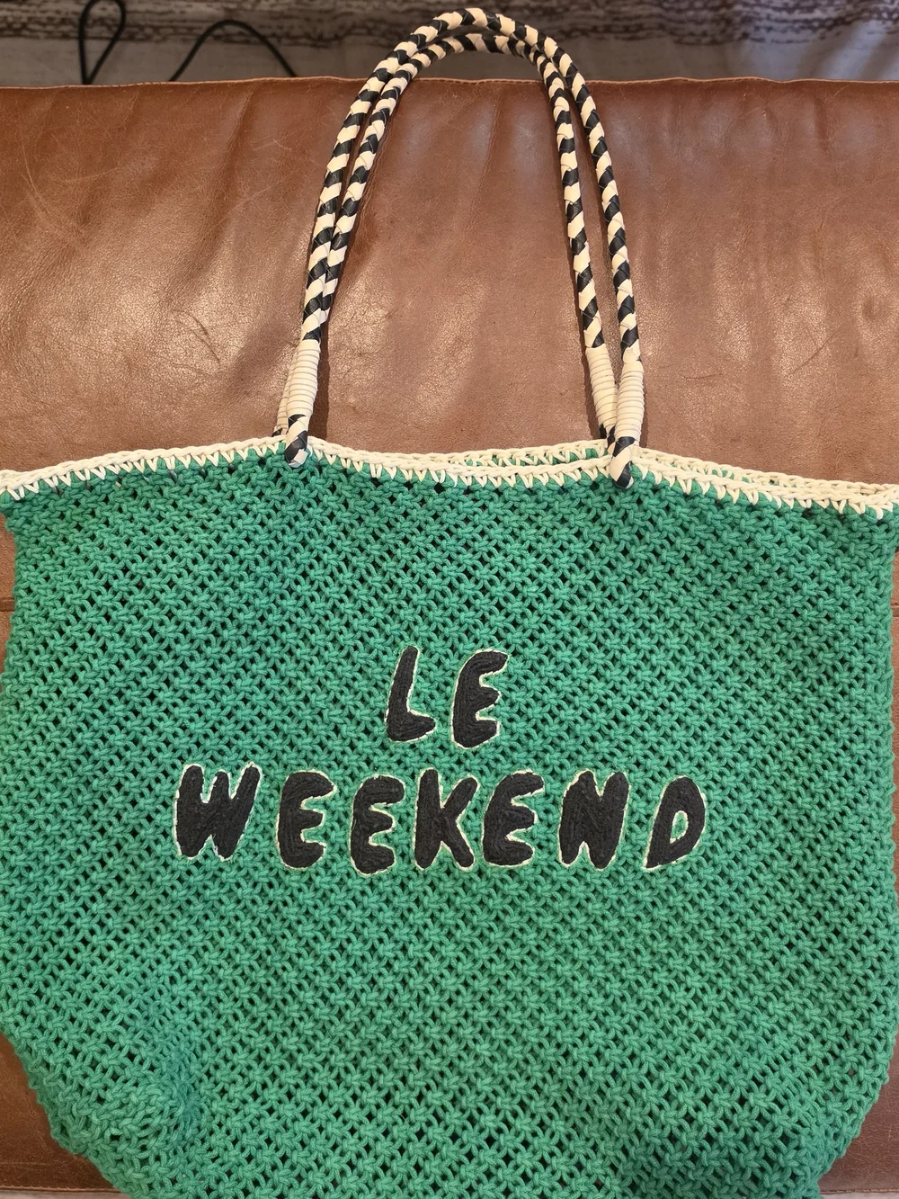 Clare V LE WEEKEND Green Crochet Tote with Striped Handles
